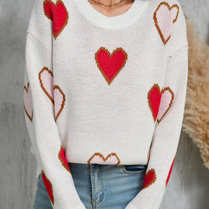 Angel Wings Contrast Heart Round Neck Long Sleeve Sweater