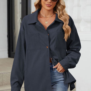 Button Up Dropped Shoulder Long Sleeve Outerwear