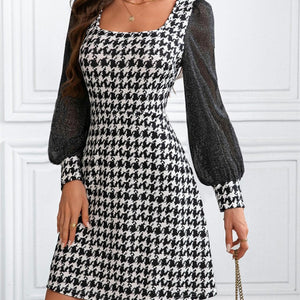 Houndstooth Square Neck Long Sleeve Mini Dress