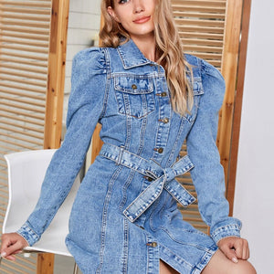 Tied Button Up Collared Neck Denim Dress