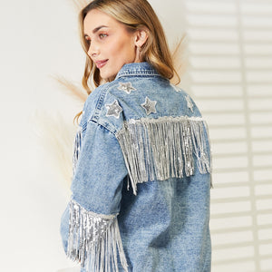 Fringe Detail Long Sleeve Denim Jacket