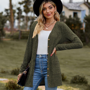 Ribbed Button-Up Cardigan with Pockets