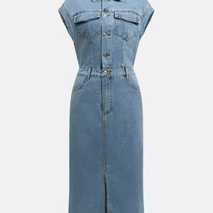 Slit Half Button Collared Neck Cap Sleeve Denim Dress