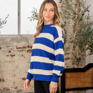 Sew In Love Full Size Contrast Striped Round Neck Sweater