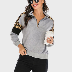 Perfee Contrast Leopard Half Zip Long Sleeve Sweatshirt