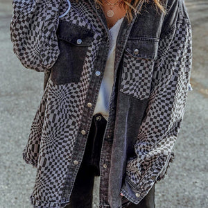 Plaid Snap Down Raw Hem Drawstring Hooded Jacket