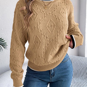 Contrast Trim Round Neck Long Sleeve Sweater