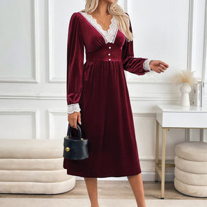 Perfee Lace Detail V-Neck Long Sleeve Midi Dress