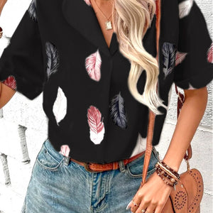 Full Size Printed Collared Neck Short Sleeve Blouse