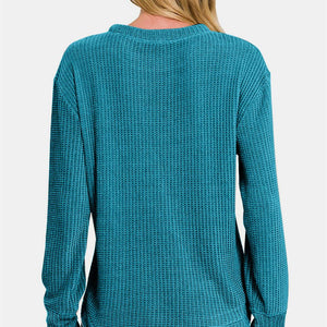 Zenana Chenille Waffle Round Neck Sweater