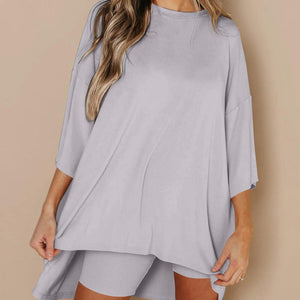 Full Size Round Neck Top and Skinny Shorts Set