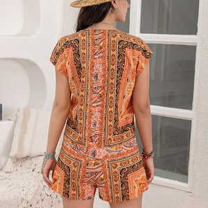 Printed V-Neck Cap Sleeve Romper