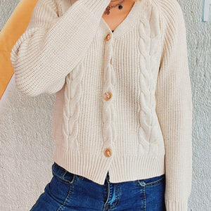 Cable-Knit V-Neck Button Down Long Sleeve Cardigan