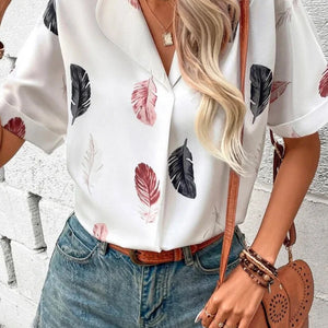 Full Size Printed Collared Neck Short Sleeve Blouse