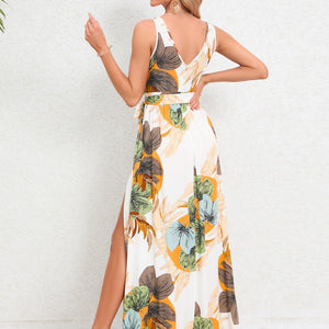 Slit Tied Printed Surplice Dress