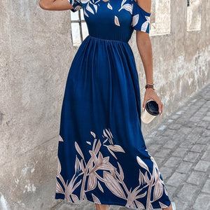 Printed Cold Shoulder Short Sleeve Maxi Dress