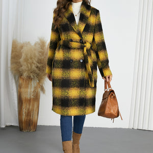 Plaid Tie Waist Long Sleeve Coat