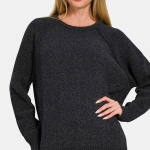 Zenana Side Slit Raglan Sleeve Sweater