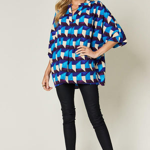 Double Take Full Size Geometric Notched Half Sleeve Blouse