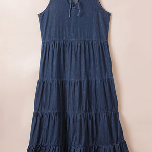 Tie Neck Sleeveless Denim Dress