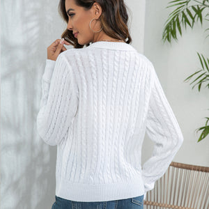 Johnny Collar Cable-Knit Long Sleeve Sweater