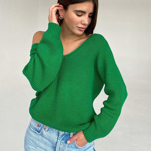 V-Neck Dropped Shoulder Long Sleeve Sweater