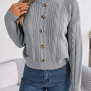 Cable-Knit Buttoned Round Neck Sweater