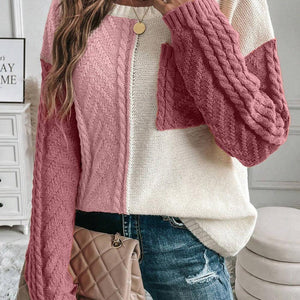 Color Block Round Neck Long Sleeve Sweater