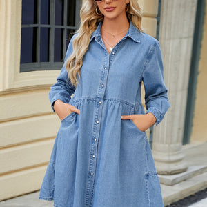 Tiered Button Up Long Sleeve Denim Dress