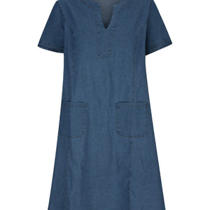 Full Size Notched Short Sleeve Denim Dress