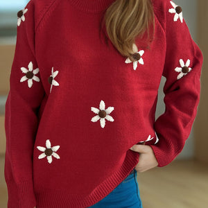 Flower Round Neck Raglan Sleeve Sweater