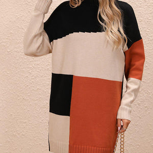 Color Block Mock Neck Dropped Shoulder Sweater Dress