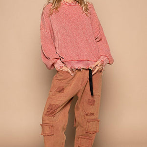 POL Distressed Washed Drop Shoulder Sweater