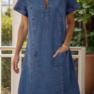 Full Size Notched Short Sleeve Denim Dress