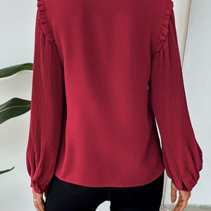 Perfee Frill Tie Neck Long Sleeve Blouse