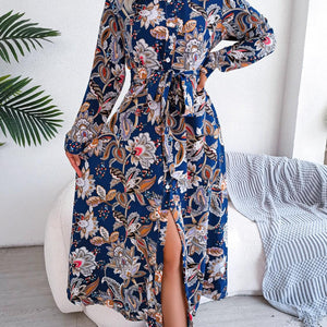 Tied Printed Long Sleeve Midi Dress