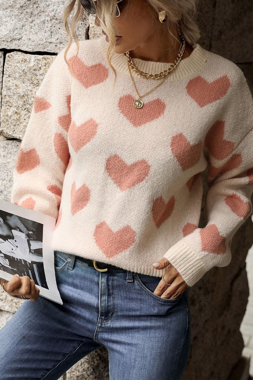 Perfee Heart Pattern Dropped Shoulder Sweater