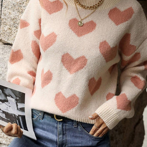 Perfee Heart Pattern Dropped Shoulder Sweater