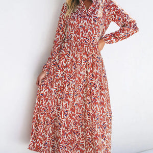 Printed Notched Long Sleeve Dress