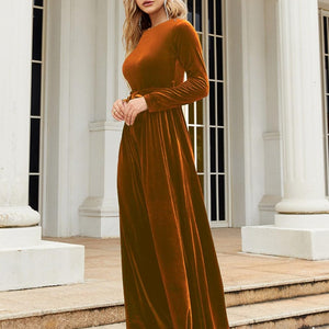 Tie Front Round Neck Long Sleeve Maxi Dress