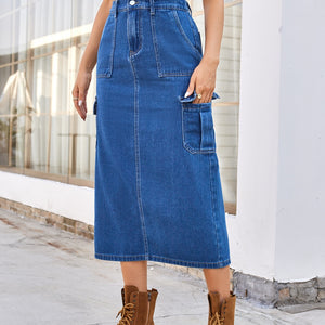 Slit Midi Denim Skirt with Pockets