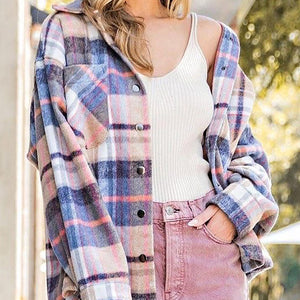 Snap Up Plaid Collared Neck Jacket with Pocket