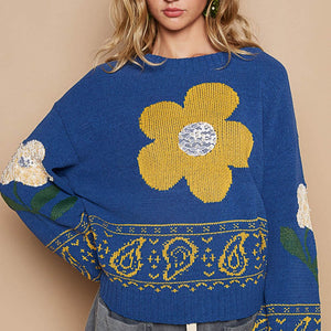 POL Flower Lace Patch Long Sleeve Sweater