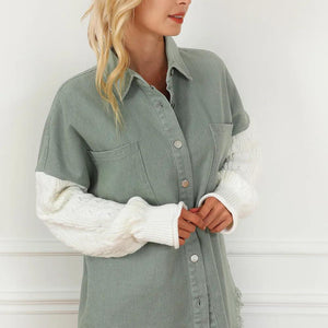 Raw Hem Collared Neck Button Up Long Sleeve Jacket