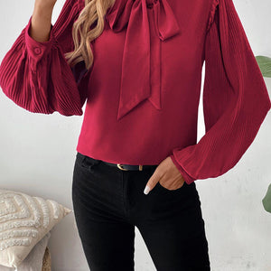 Perfee Frill Tie Neck Long Sleeve Blouse