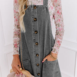 Wide Strap Button Down Denim Overall Dress