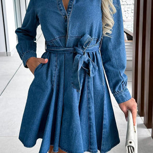 Tied Half Button Long Sleeve Denim Dress