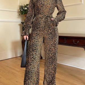 Leopard Flounce Sleeve Wide Leg Jumpsuit