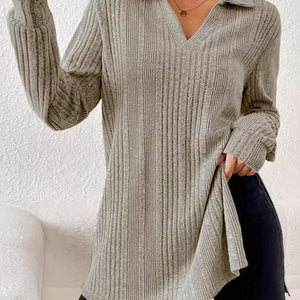 Slit Johnny Collar Long Sleeve Top