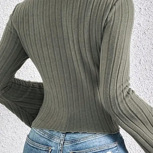 Ribbed Round Neck Flare Sleeve T-Shirt